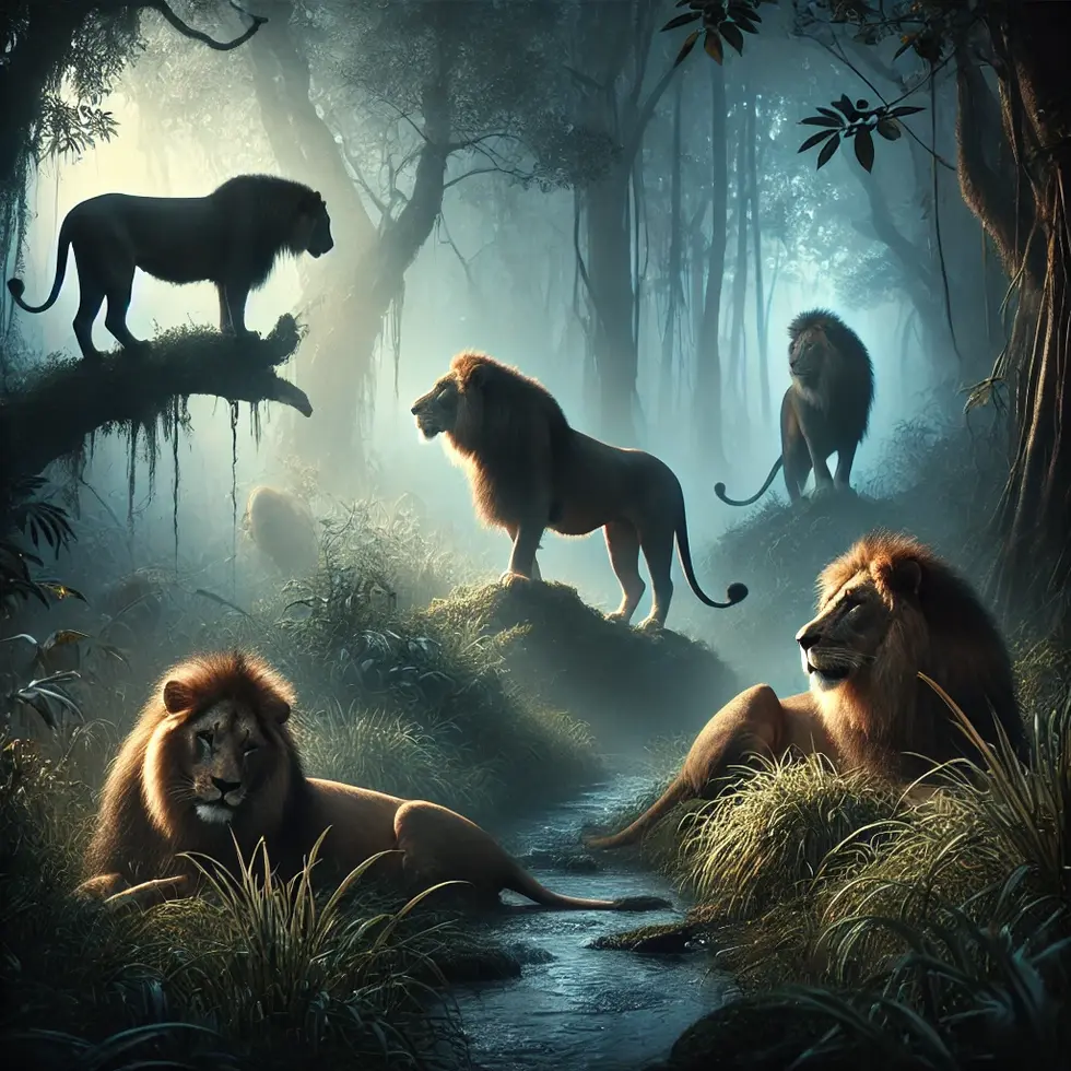 DALL·E 2024-08-19 14.30.48 - A series of images capturing a majestic lion in the jungle at dawn. The lion is portrayed in various natural poses_ walking through the misty jungle,