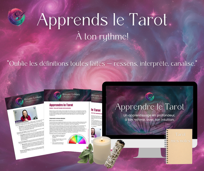 une image mockup pour montrer les modules d'apprentissage du Tarot,  un ordinateur, des pdf, bougie, sauge. Apprends le tarot à ton rythme