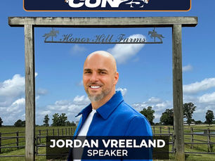 Jordan Vreeland in blue jacket under "Conversion Con 25" sign, standing at ranch gate with cloudy sky. Text: Jordan Vreeland, Speaker.