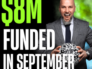 Jordan Vreeland in suit holds patterned ball, excited expression. Text: "$8M funded in September." Black background, bright green and white text.