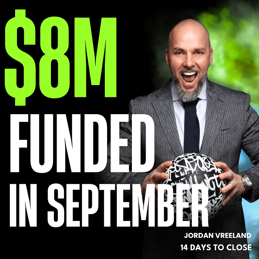 Jordan Vreeland in suit holds patterned ball, excited expression. Text: "$8M funded in September." Black background, bright green and white text.