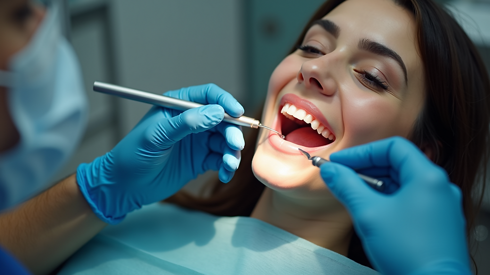 Close-up view of a dentist examining a patient's teeth