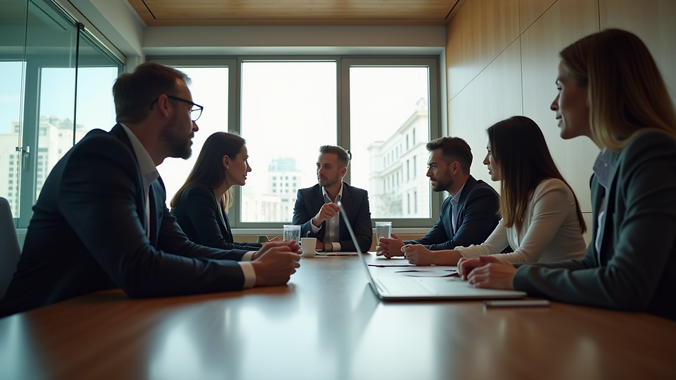 Eye-level view of a business team discussing strategy around a conference table