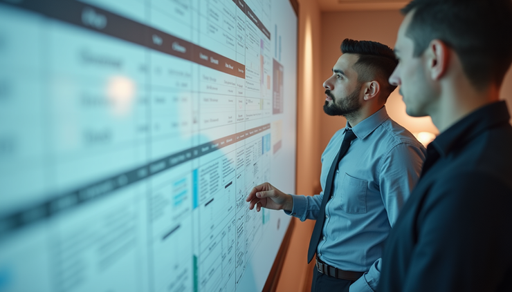 Eye-level view of a project manager reviewing a detailed project timeline on a large wall chart