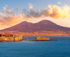 beautiful panorama of volcano Vesuveus from Naples with blue water of sea gulf, majectic m