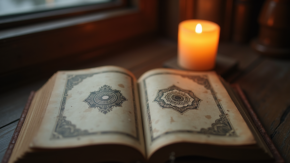 Close-up view of an old book with mystical symbols and a candle