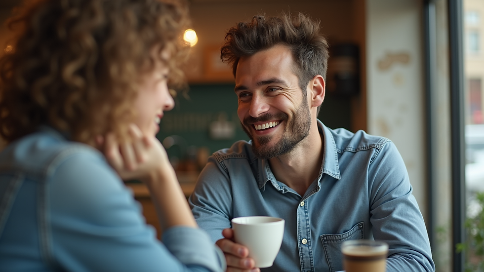 Close-up view of a man smiling and talking during a casual coffee date