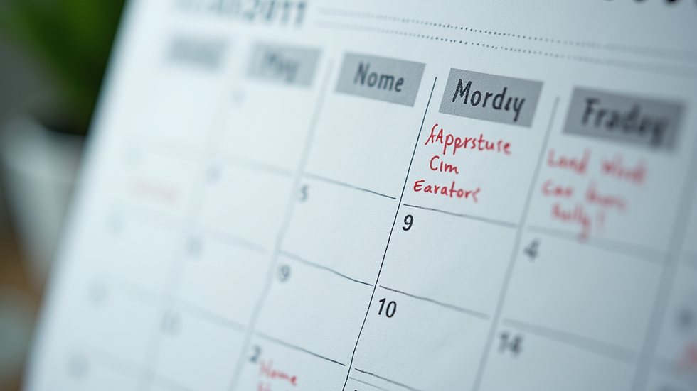 Close-up view of a calendar with marked dates and notes