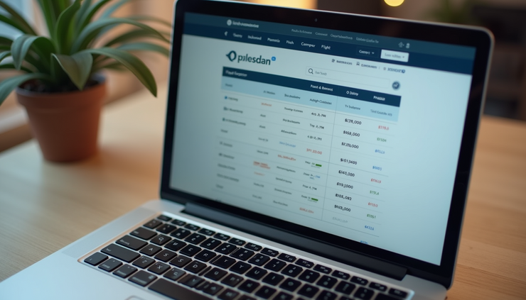 High angle view of a laptop screen showing flight comparison charts