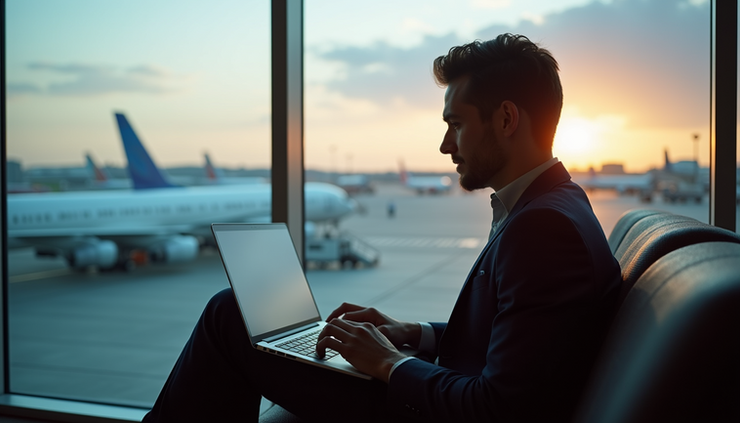 Eye-level view of a traveler checking flight options on a laptop at an airport lounge