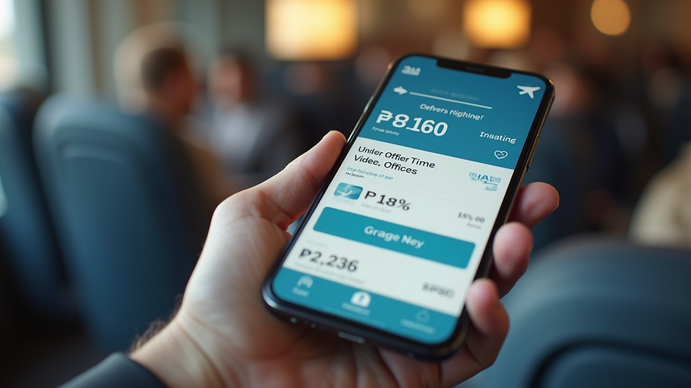 High angle view of a smartphone displaying a flight booking app with discount offers