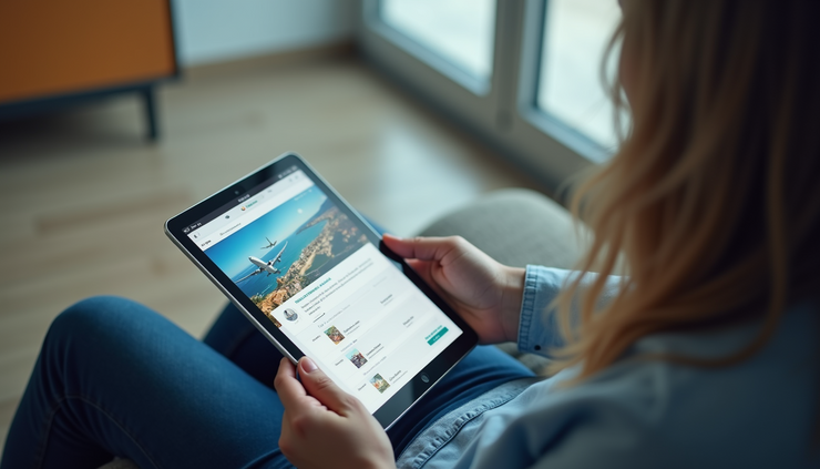 High angle view of a traveler comparing flight options on a tablet