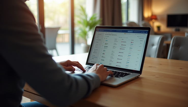 Eye-level view of a traveler comparing flight options on a laptop