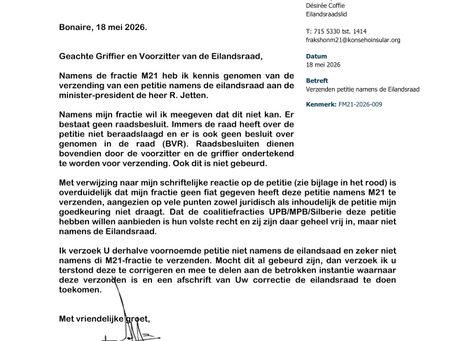 Reactie Fractie M21 op petitie aan Minister President namens eilandsraad Bonaire