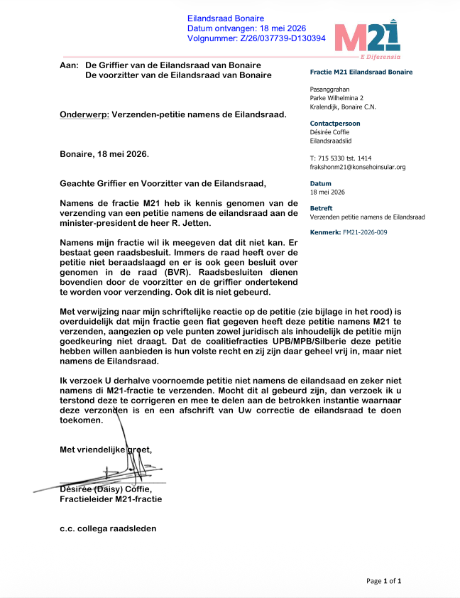 Reactie Fractie M21 op petitie aan Minister President namens eilandsraad Bonaire
