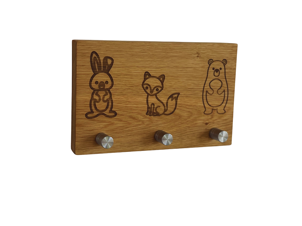 Miniaturbild: Eichenholz-Garderobe für Kinder mit personalisierbaren Tierbildern