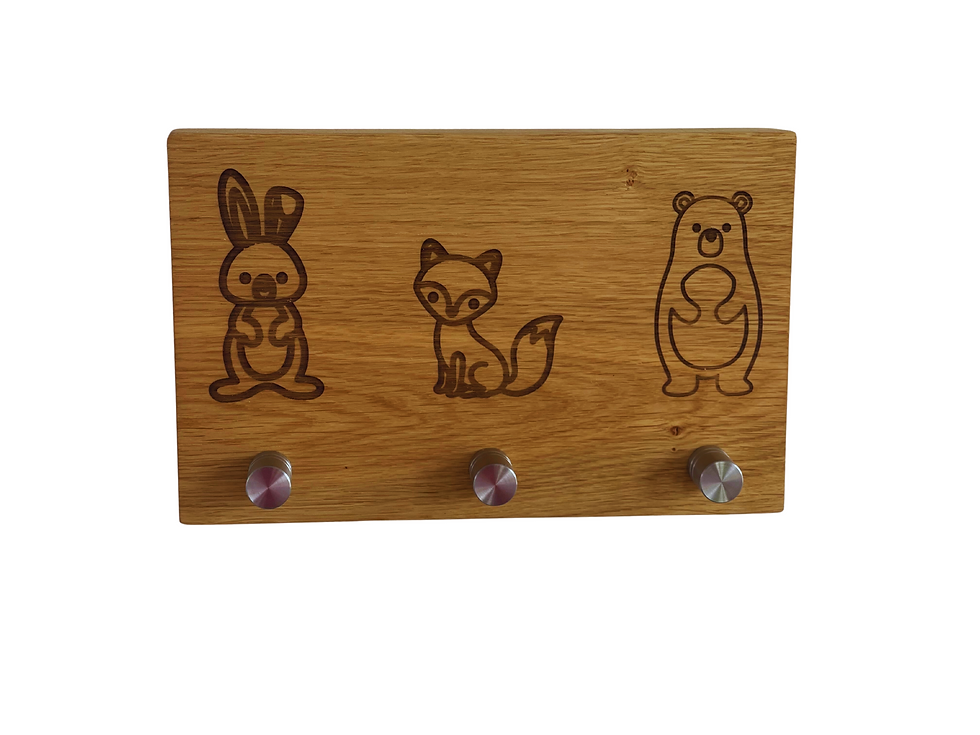 Miniaturbild: Eichenholz-Garderobe für Kinder mit personalisierbaren Tierbildern