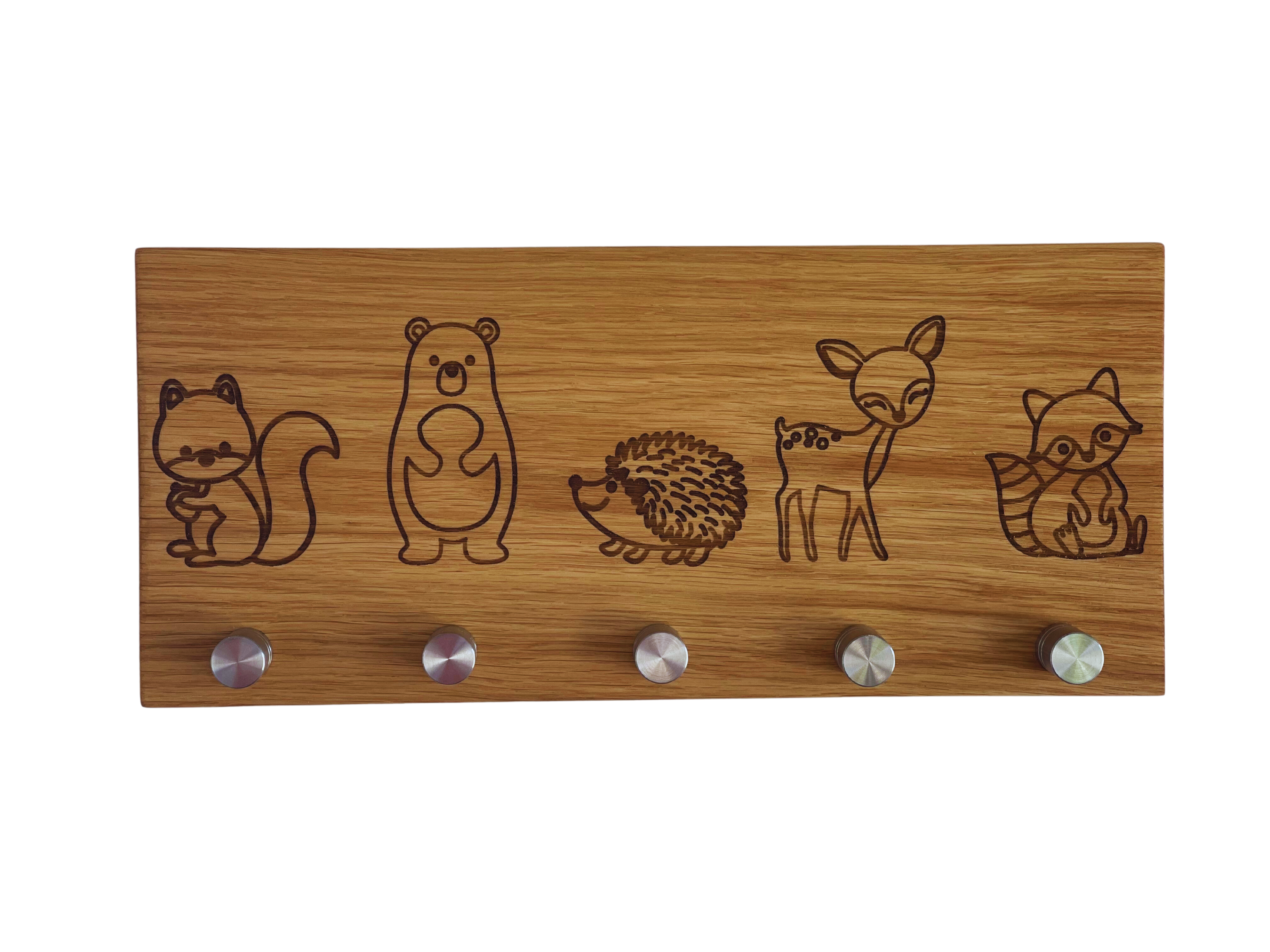 Eichenholz-Garderobe für Kinder mit personalisierbaren Tierbildern