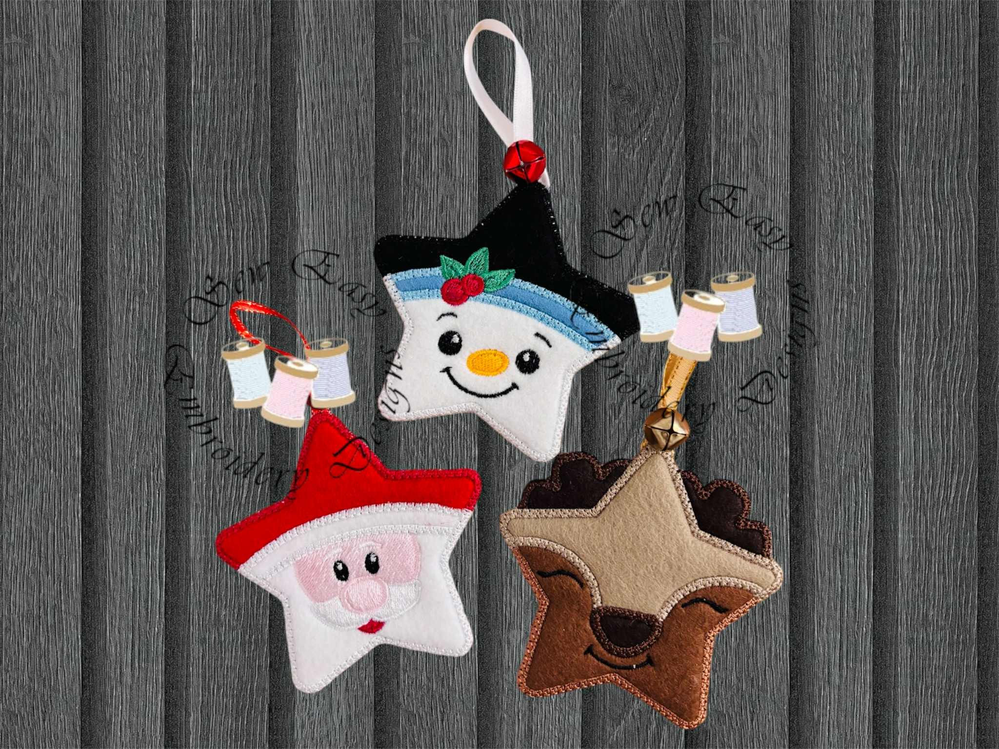 Christmas characters star hangers set of 3 Santa, Reindeer and snowman