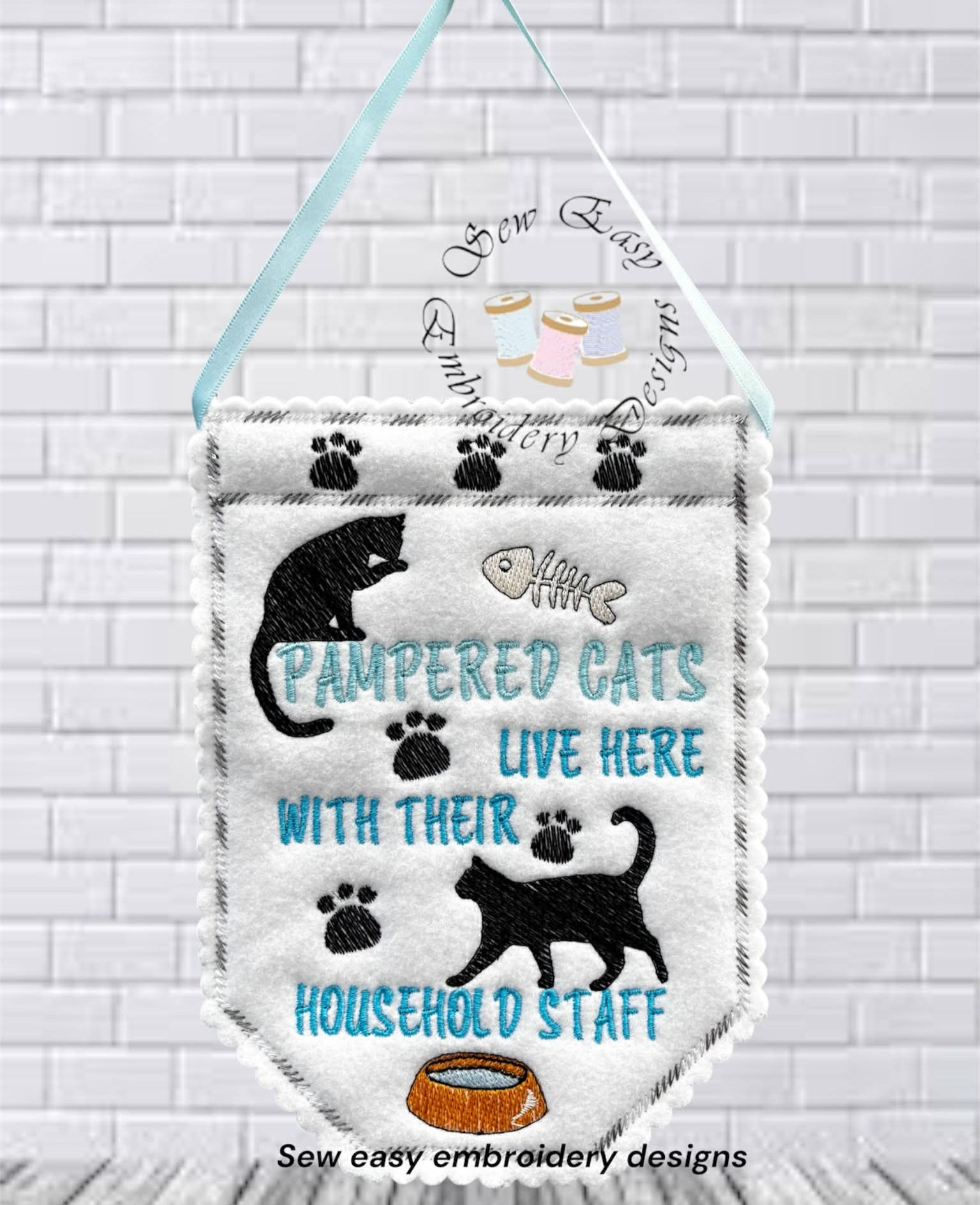 Cat hanger, light fill stitch 5"x7" ITH embroidery design, photo instruc