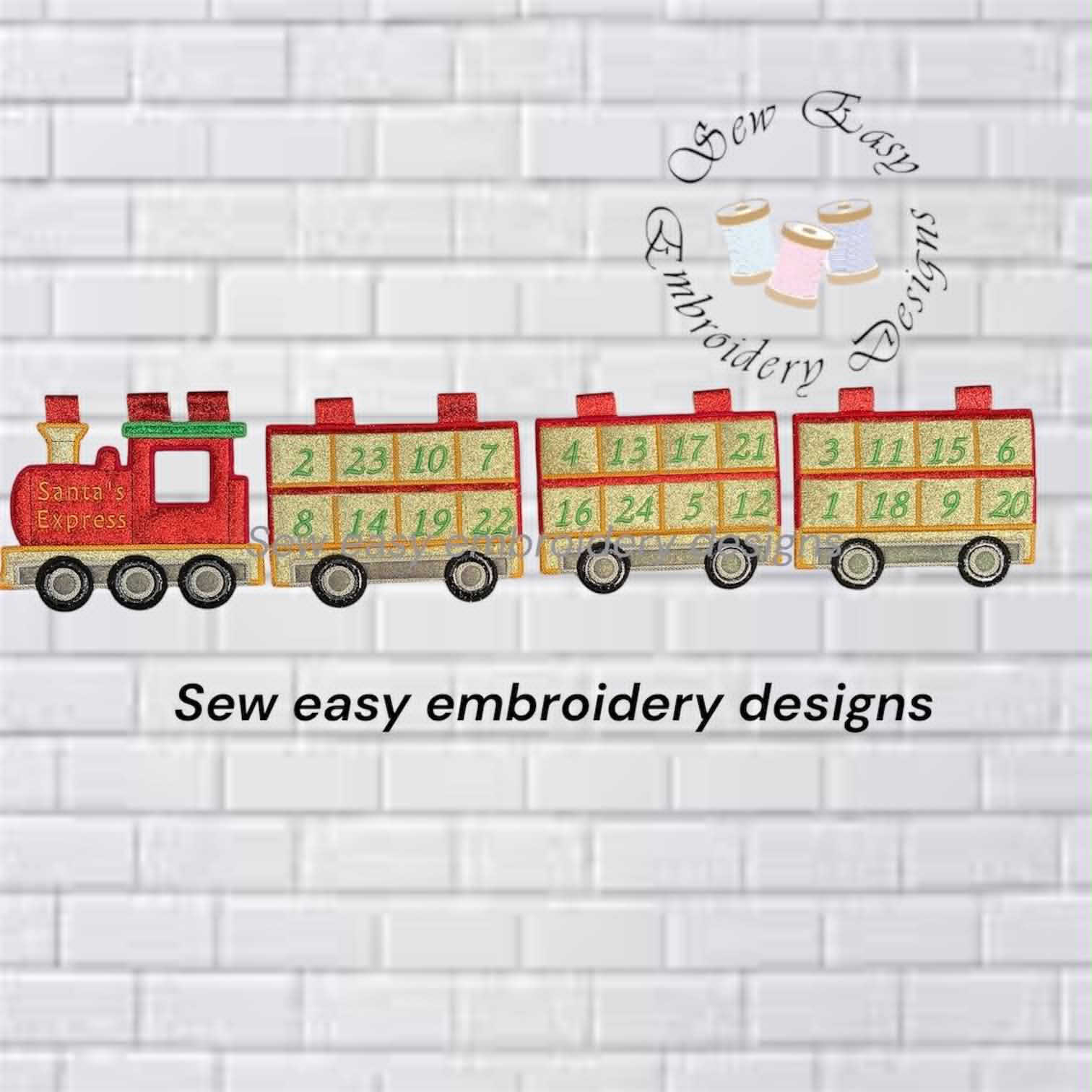 Santa express advent calendar, each in 6" x10"ITH. Includes photo instructions