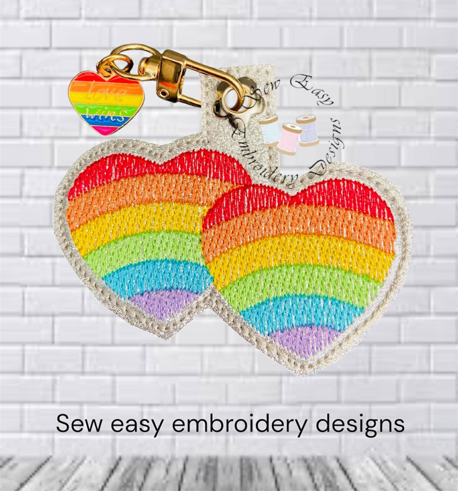 Rainbow hearts light stitch keyring/bag tag ITH 4x4 machine embroidery design