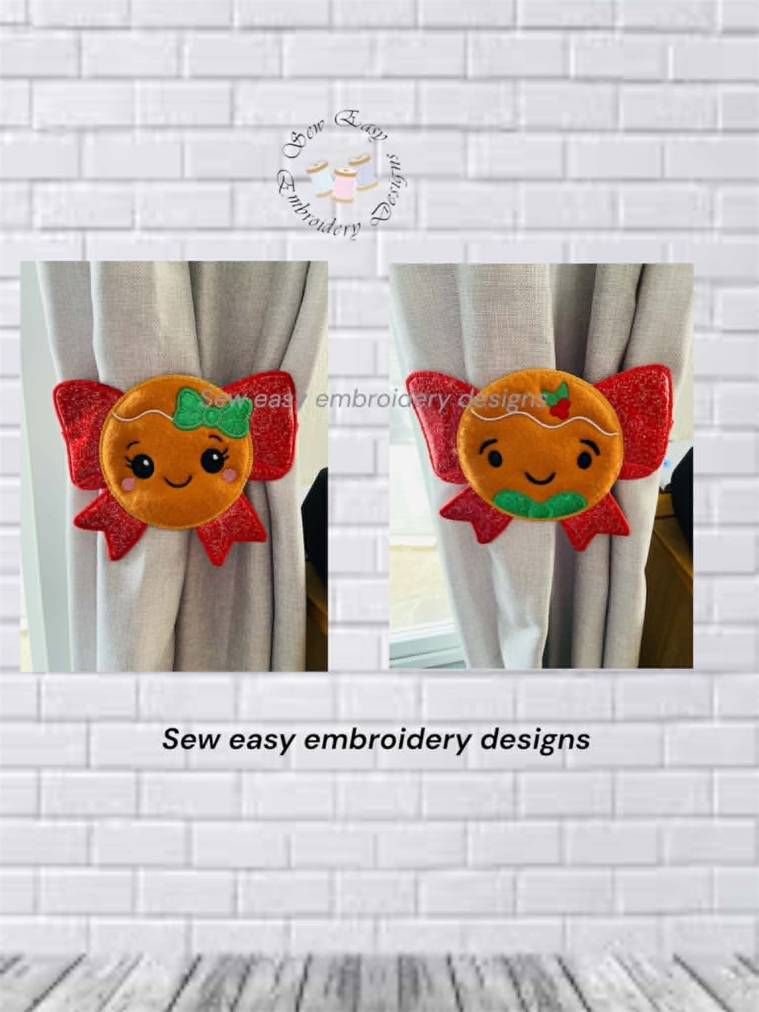 Ginger boy & girl curtain/chair ties. ITH applique project, photo instructions