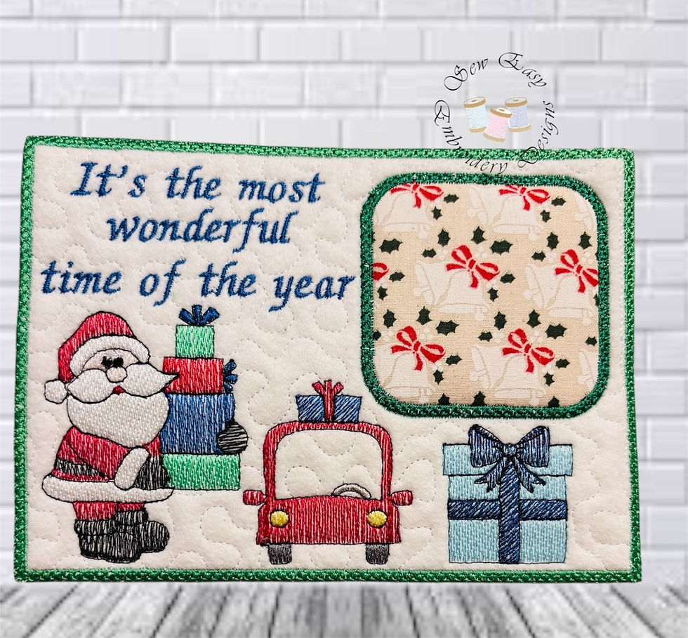 Thumbnail: Most wonderful time of the year mug rug. ITH 5"x7" hoop
