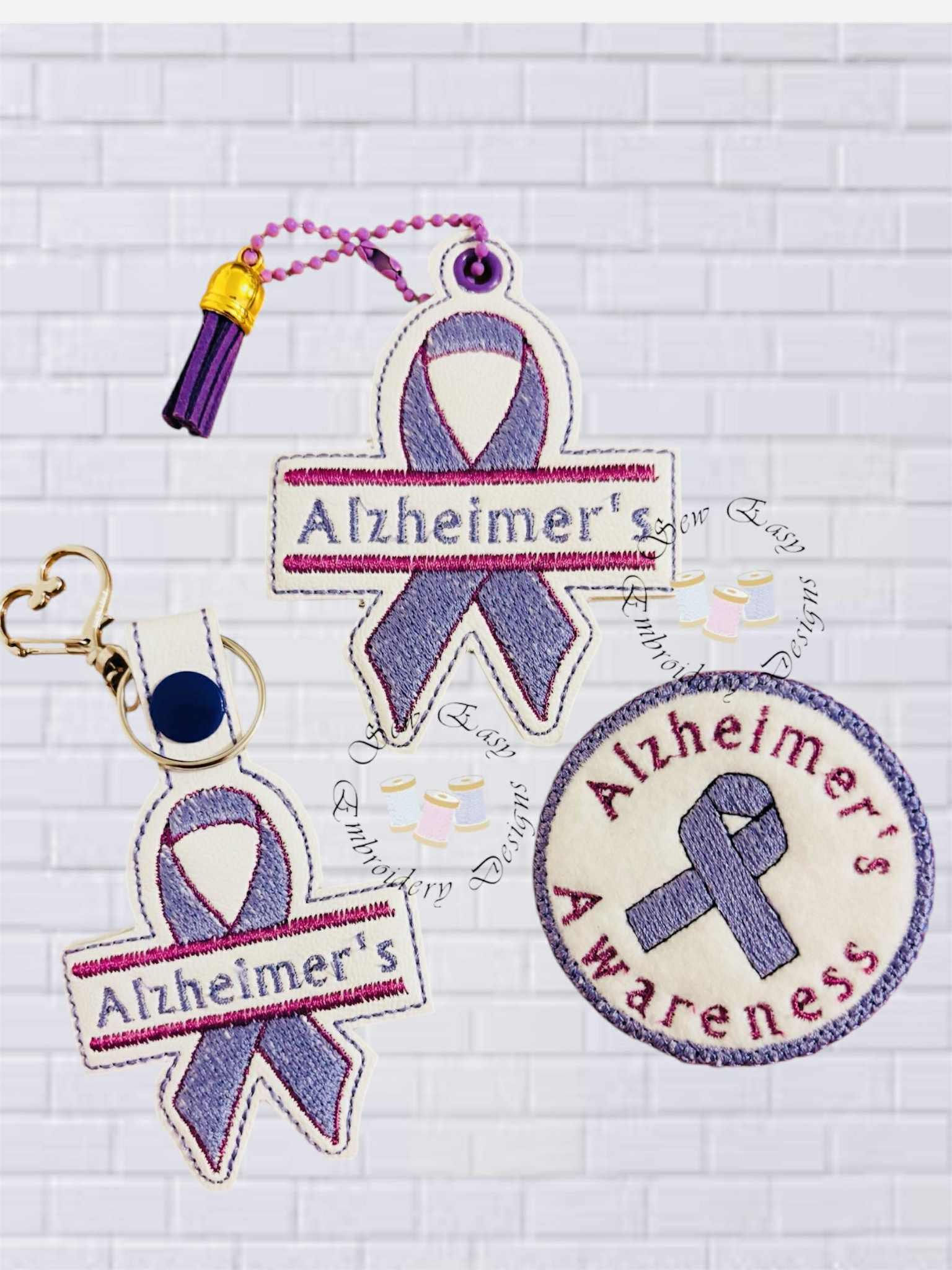 Alzheimer's set of 5 designs, hanger, bag tag, key fob, badge and keyring