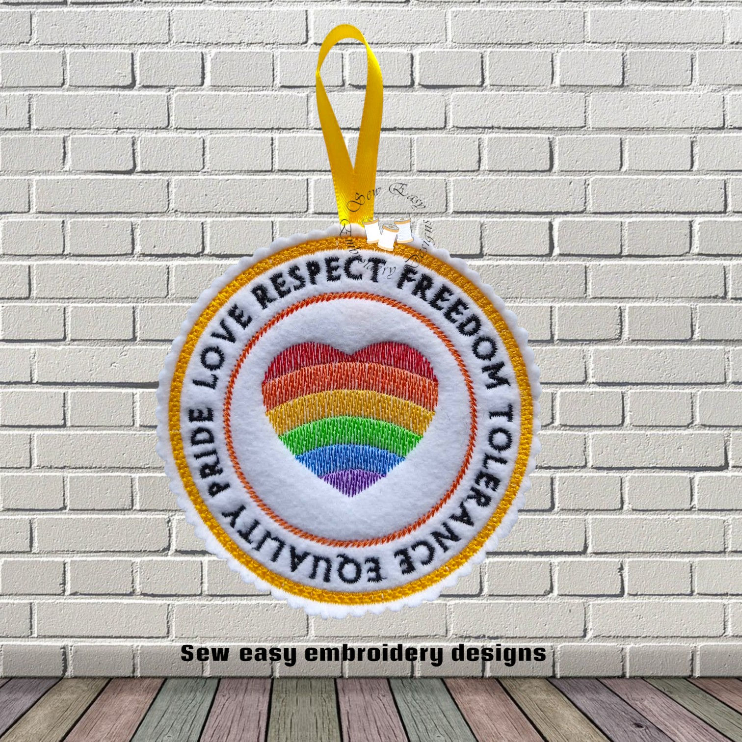 Pride love, respect hanger ITH 4x4 machine embroidery design.