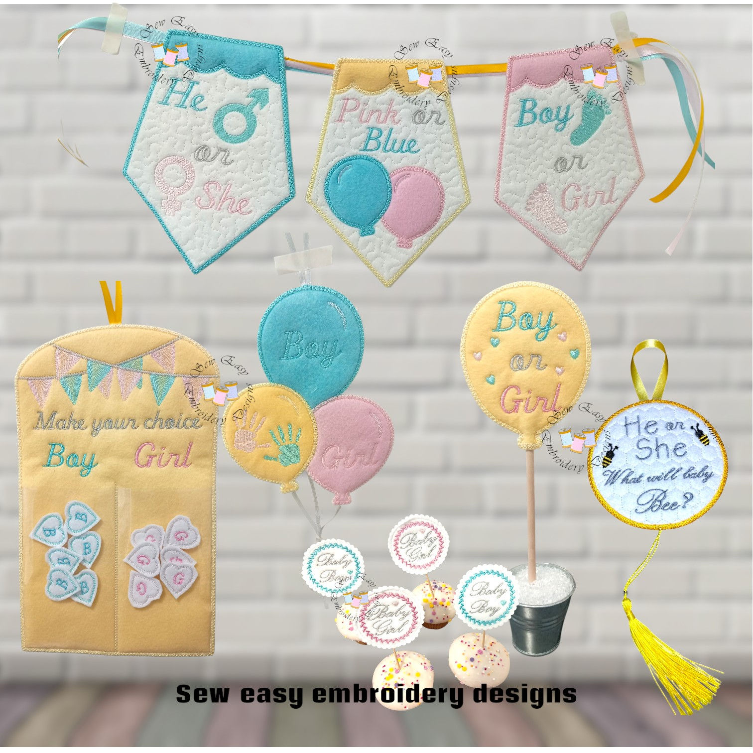Gender reveal set, bunting, hangers and more, table décor. Photo instructions