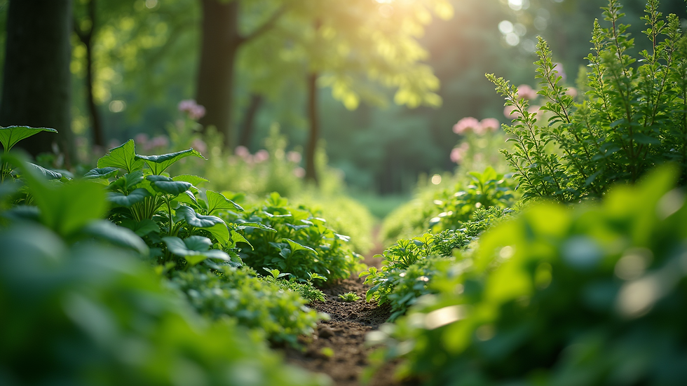 Eye-level view of a lush green garden with diverse plants