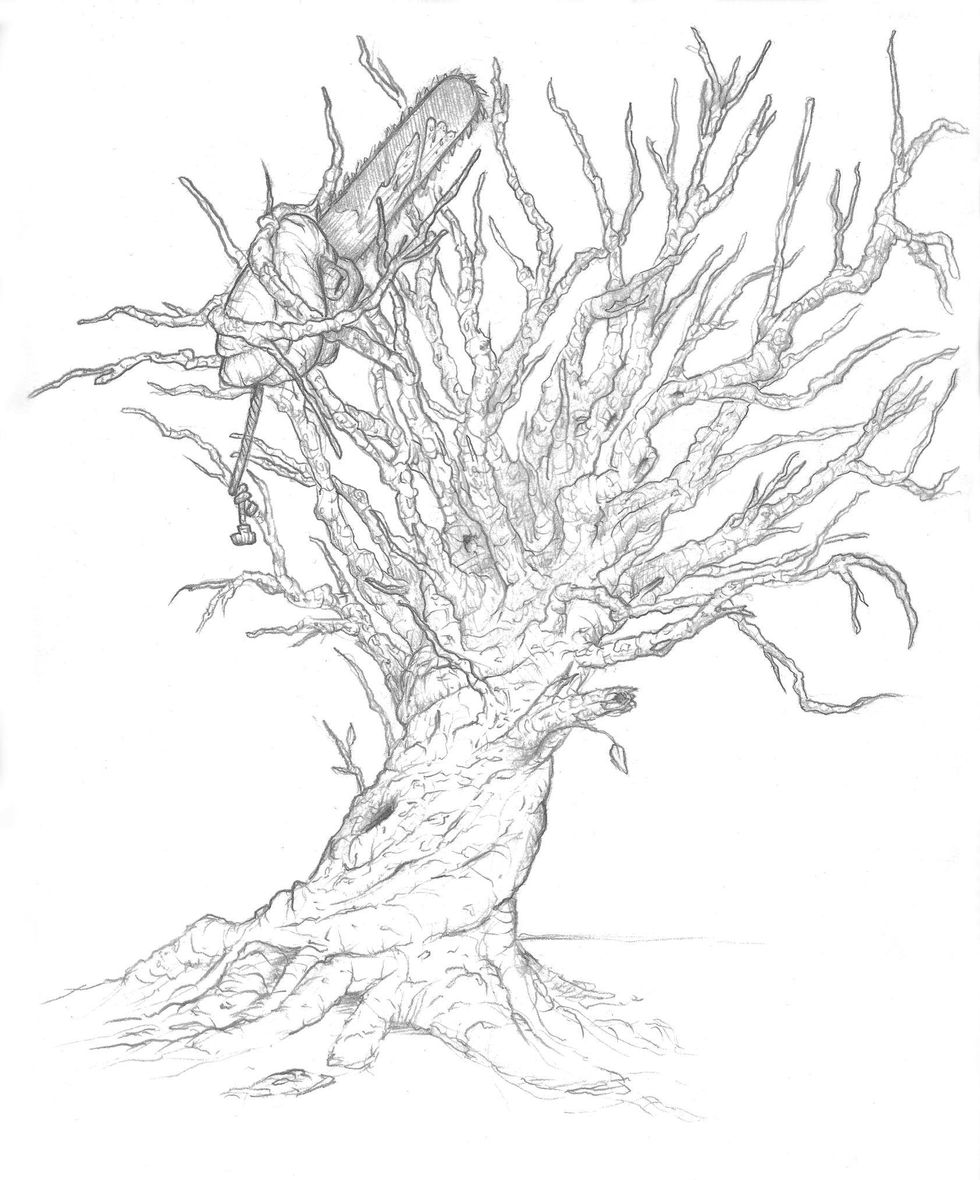 sketch of bare tree holding a realistic heart shaped chainsaw