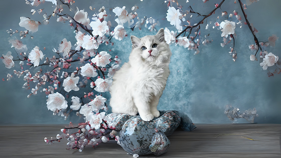 White fluffy melbourne ragdoll kitten with blue eyes among blossoms.