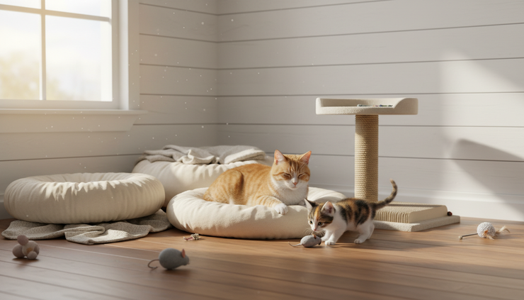 Wide-angle view of a clean home kitten room with toys, bedding and a mother cat resting nearby