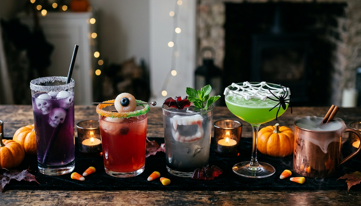 Eye-level view of spooky Halloween cocktails with creepy garnishes on a dark party table.