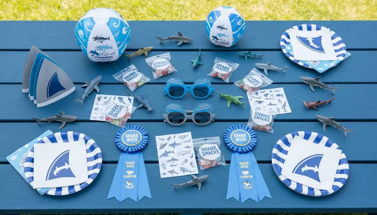 Overhead view of Shark Week party favors and accessories.
