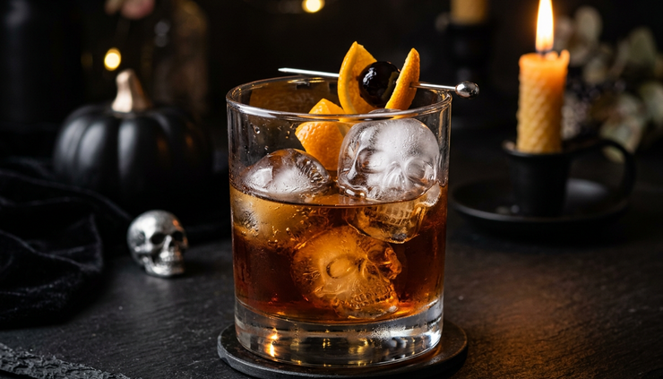 Close-up of skull-shaped ice cubes floating in a dark cocktail.