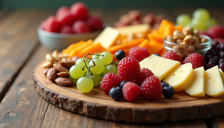 Eye-level view of a colorful DIY charcuterie board with fruits and cheeses arranged on a wooden table
