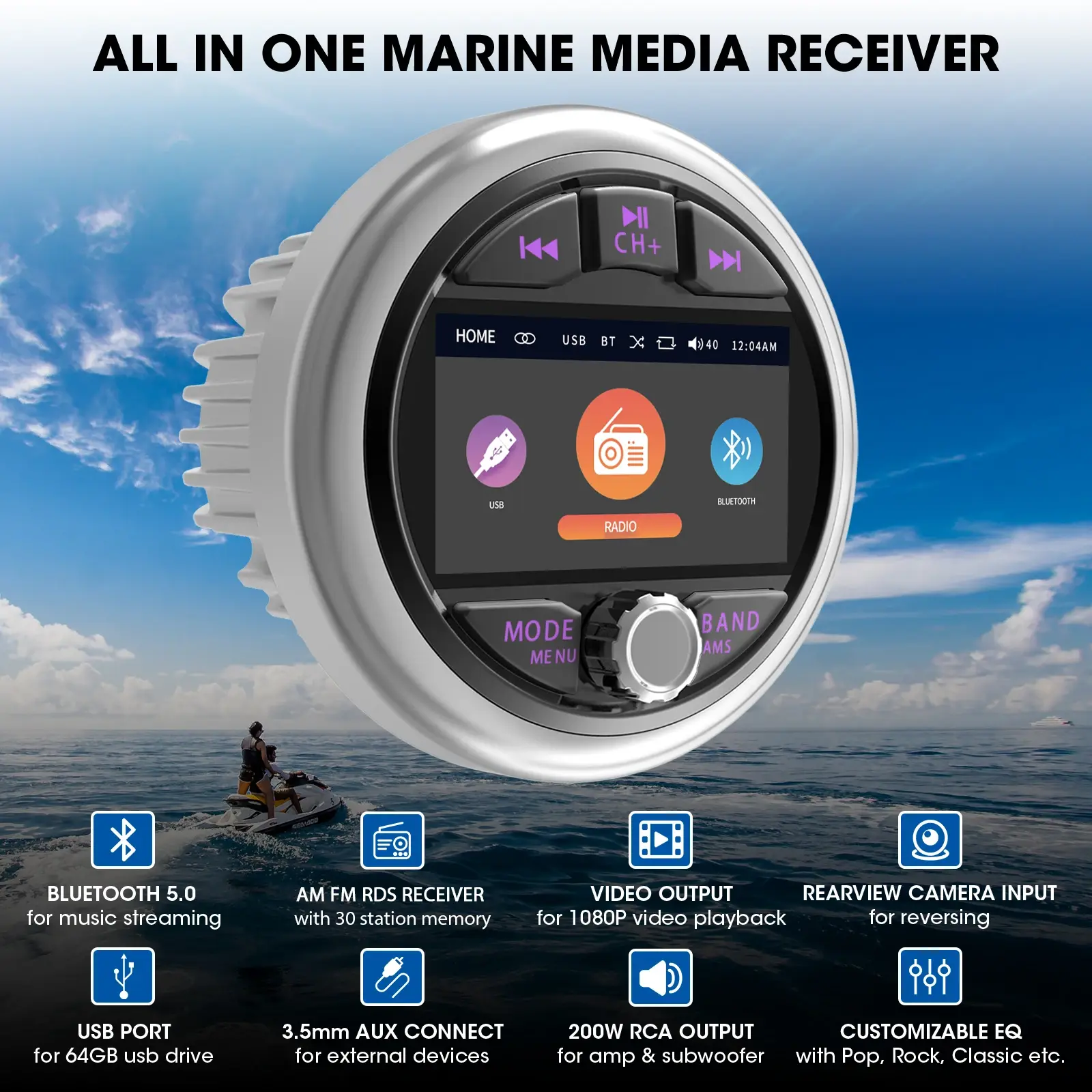 GRANDnavi Marine Stereo Waterproof IPX5 Boat MP5 Radio Player Bluetooth FM AM RD
