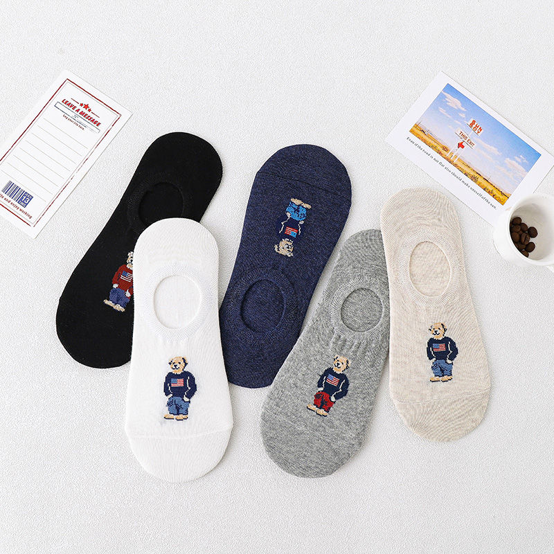 5 Pairs Unisex Men Socks 5 Colors Summer New Cartoon Bear Cotton Boat Socks Ligh