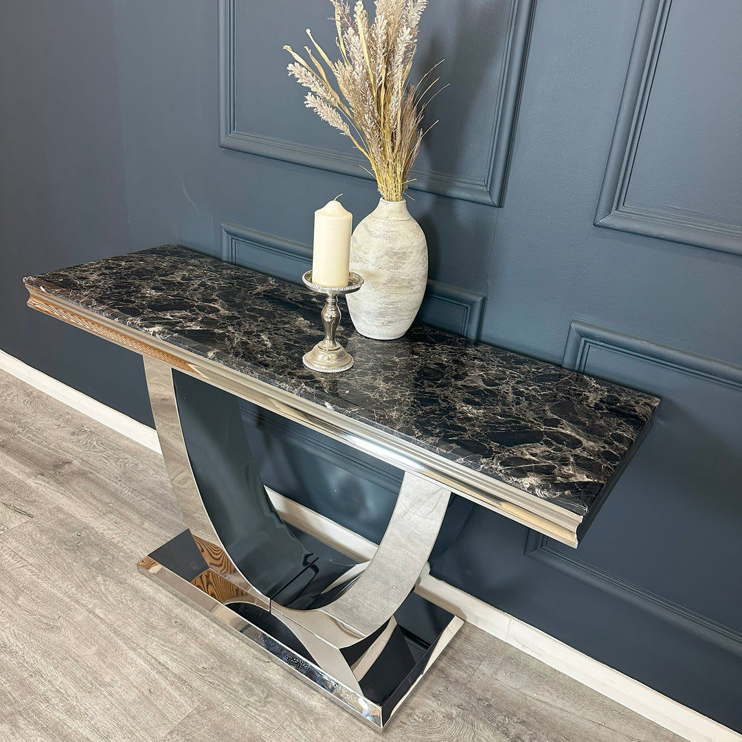 1.4m Chrome Console Table with Black Marble Top