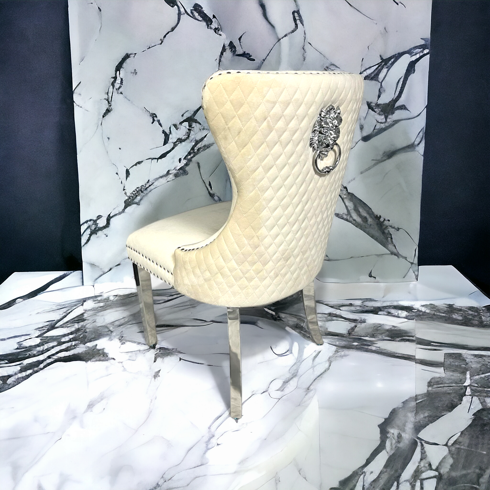 Set of 4 Plush Velvet Ivory Dining Chairs with Chrome Legs & Chrome Detailing 