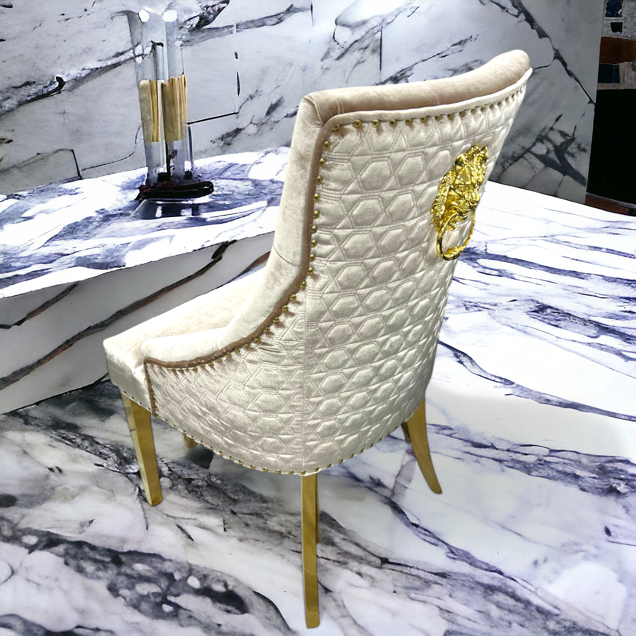 Set of 4 Velvet Mink Dining Chairs with Gold Legs & Gold Detailing