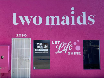 PASADENA SOUTHERN CALIFORNIA Professional Cleaning Services Company: TWO MAIDS Custom Exterior Storefront Hand-Painted Signage in Pasadena 91107 by Los Angeles Hand-Painted Sign Artist Alex Kurakake of Smart Alex Signs Hand-Painted Workshops Company