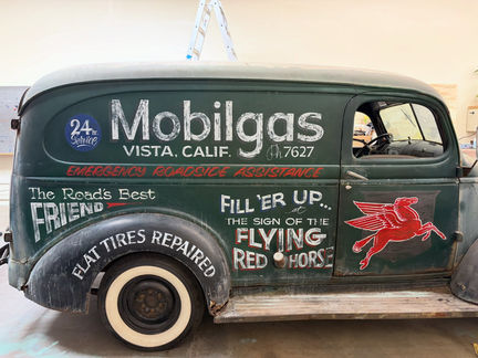 Custom Hand-Painted Vintage 1941 Mobilgas Panel Truck Vehicle Signs SMART ALEX HAND-PAINTED SIGNS Orange County Hand-Painted Signs Company LA Trade Tech Sign Alumni Hand-Painted Sign Artist Alex Kurakake Huntington Beach 714-515-6205