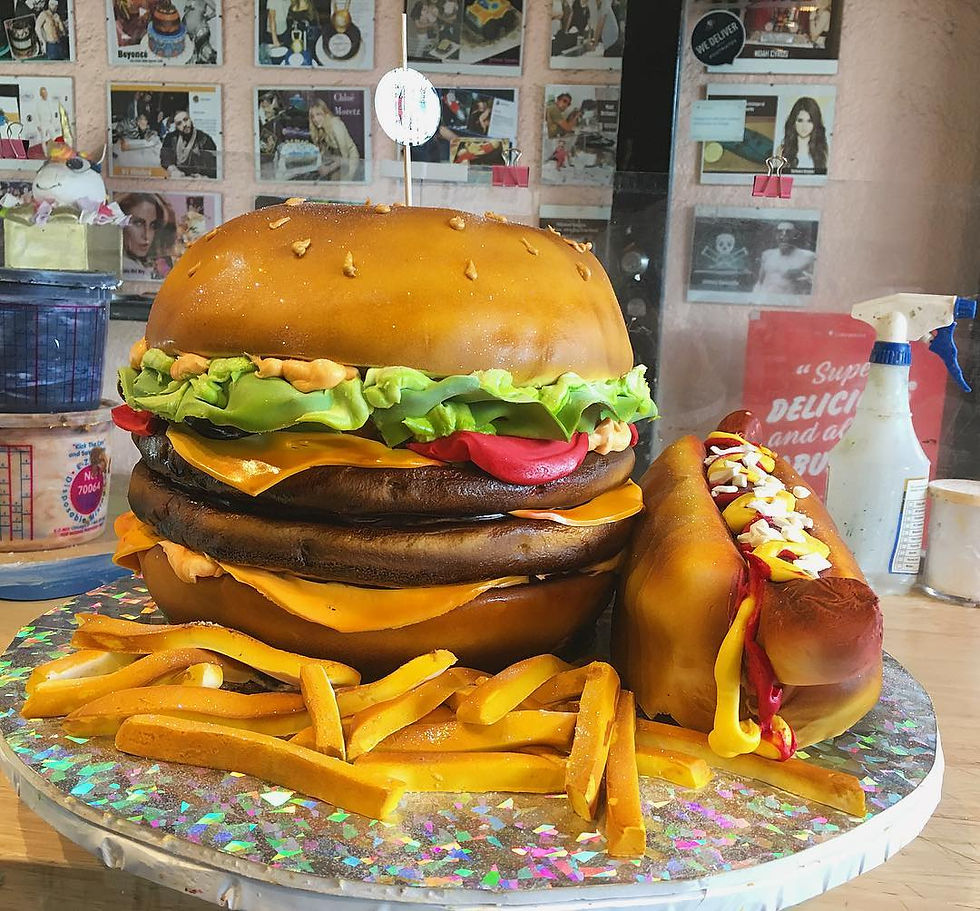 Custom 3D Cake Burger, Fries, Hotdog-Themed Design Cakes CAKE AND ART Since 1976 Edible Art Cakes Birthday Cakes Photo Cakes 3D Cakes Graduation Cakes Wedding Cakes Theme Cakes Celebrity Cakes West Hollywood Los Angeles 90069 Cake Shop Professional Cake Artist (310) 657-8694