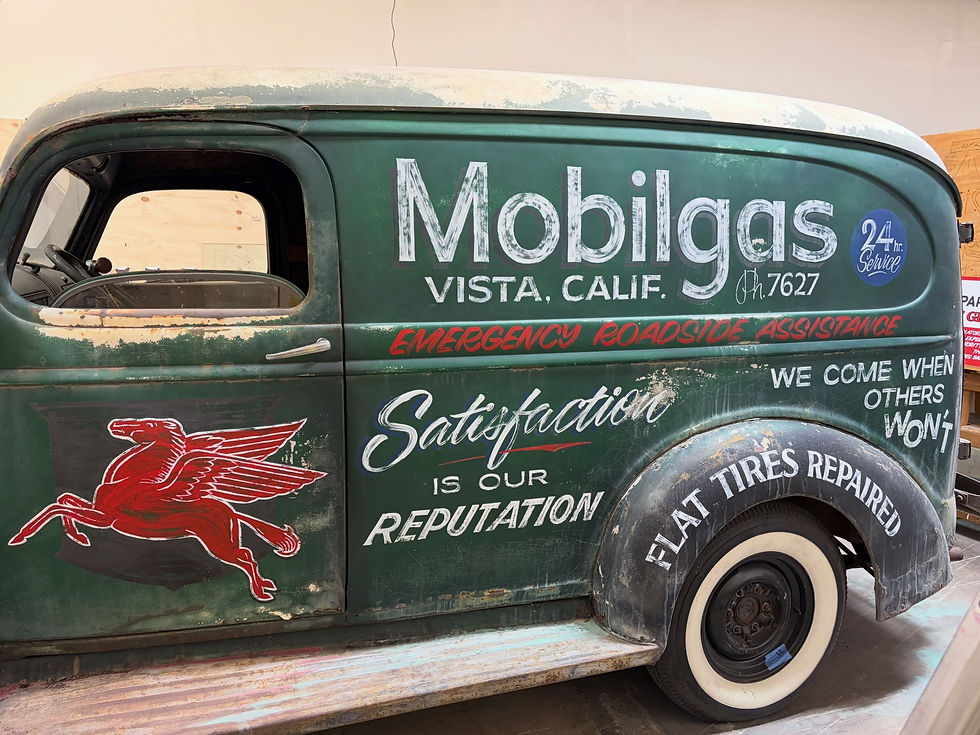 Custom Hand-Painted Vintage 1941 Mobilgas Panel Truck Vehicle Signs SMART ALEX HAND-PAINTED SIGNS Orange County Hand-Painted Signs Company LA Trade Tech Sign Alumni Hand-Painted Sign Artist Alex Kurakake Huntington Beach 714-515-6205
