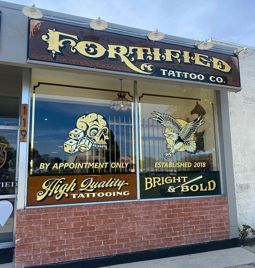 Featured Client: Fortified Tattoo Company Lompoc California HUNTINGTON BEACH Tattoo Shop Businesses Custom Exterior Storefront Hand-Painted Sign Package Exterior Window Storefront Signs Exterior Front Door Storefront Signs Gold Leaf Gilding Exterior Storefront Hand-Painted Signs Smart Alex Hand-Painted Signs Orange County Hand-Painted Sign Company Los Angeles Trade Tech Sign Alumni Hand-Painted Sign Artist Alex Kurakake Southern California Sign Painting Workshops Call: 714-515-6205