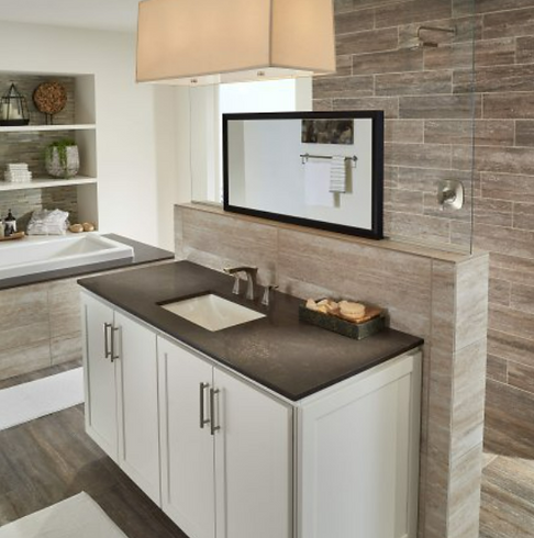 Bathroom Photo Inspiration of Corian® Quartz Aesthetics Colors: Vanity Top in Corian® Quartz Imperial. Todd Branson Stoneworks HAWAII. Authorized Dealer of Corian® Quartz. Custom Countertop Fabricator Near Honolulu, Kahala, Portlock, Ewa Beach, Waikiki, Waipahu, Pearl City, Aiea, Oahu, Maui, Big Islands. Call 808-646-3884